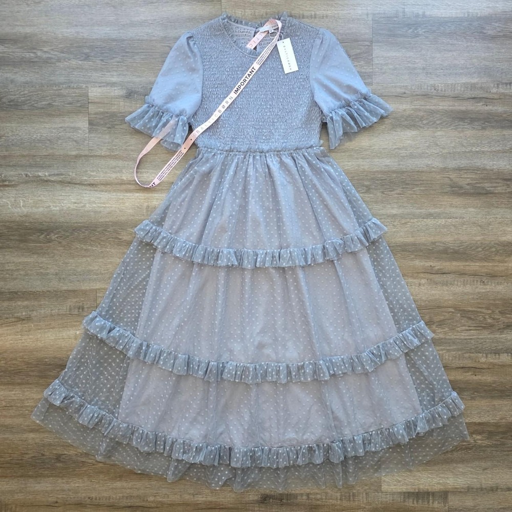 Baltic Born Lysandra Smocked Dot Tiered Maxi Dress Dusty Slate Blue Medium NWT